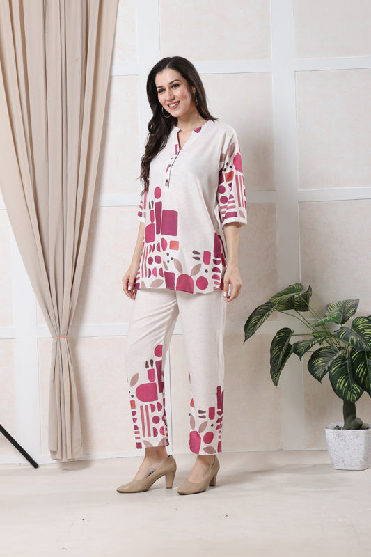 Beige & Pink Abstract Co-ord Set