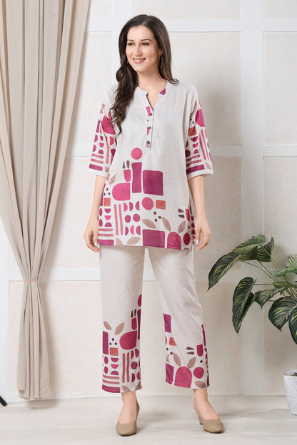 Beige & Pink Abstract Co-ord Set