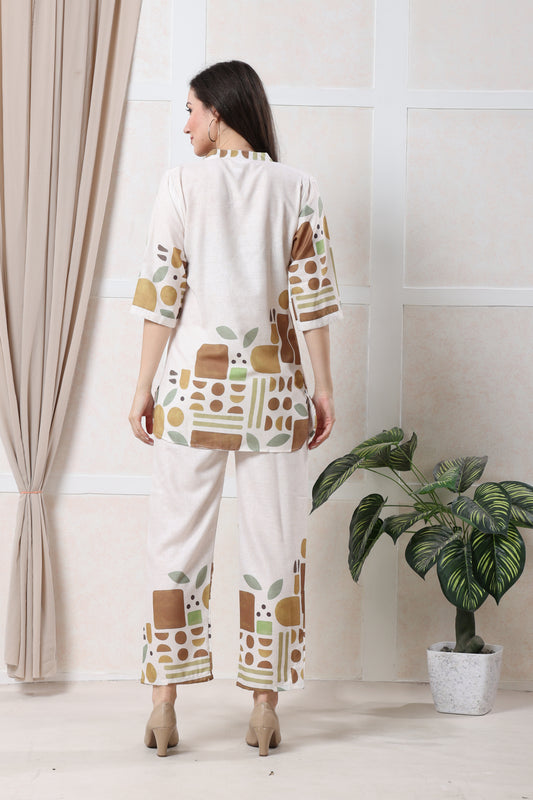 Brown & Mustard Printed Linen Co-ord Set