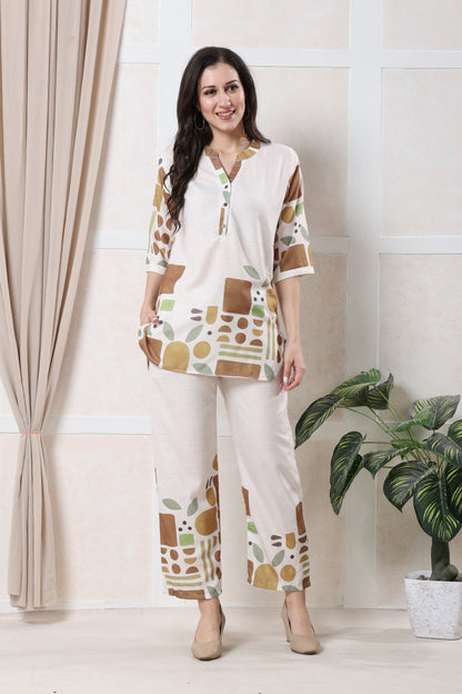 Brown & Mustard Printed Linen Co-ord Set
