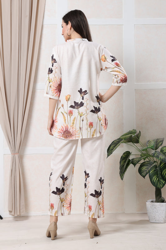 Beige & Flower Printed Linen Co-ord Set