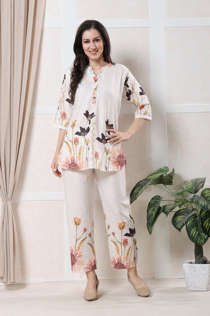 Beige & Flower Printed Linen Co-ord Set
