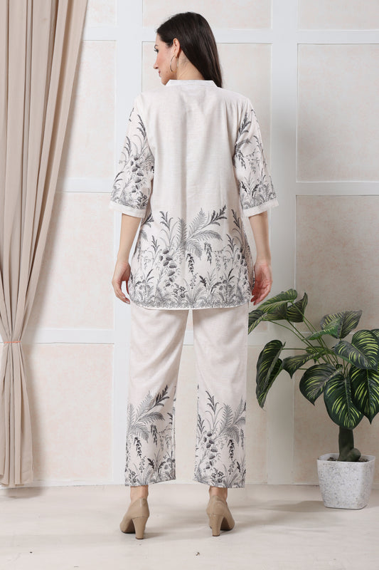 Beige with black floral print Cotton Co-ord Set