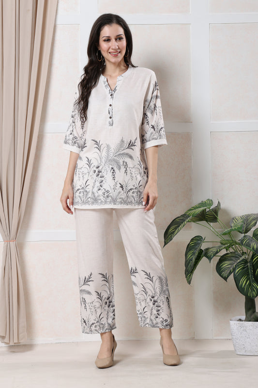 Beige with black floral print Cotton Co-ord Set