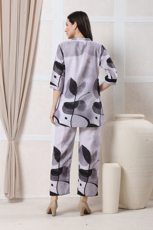 Grey with Black Abstract Leaf Print Linen Co-ord Set