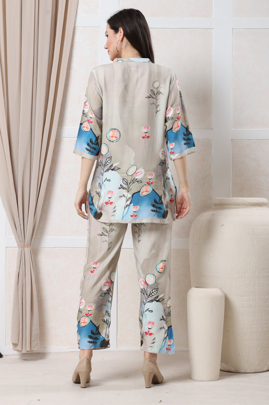 Beige with Blue & Pink Floral Print Linen Co-ord Set