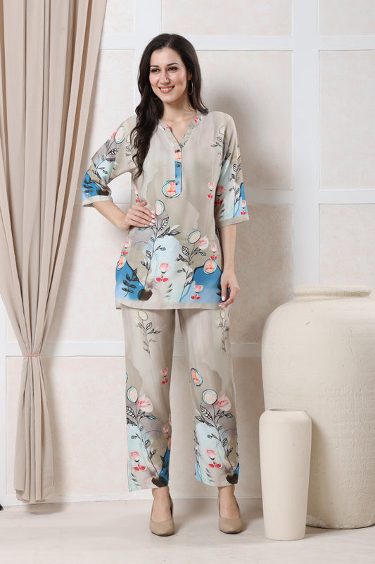 Beige with Blue & Pink Floral Print Linen Co-ord Set