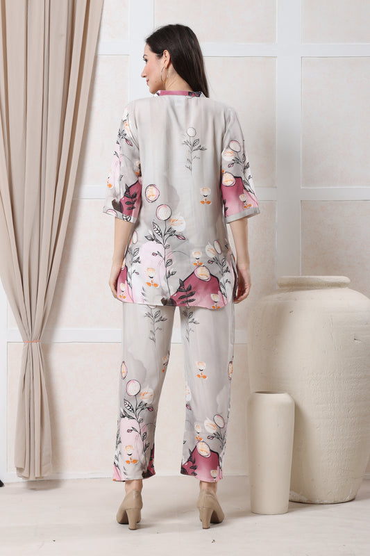 Light Grey with Pink & Peach Floral Print Rayon Co-ord Set
