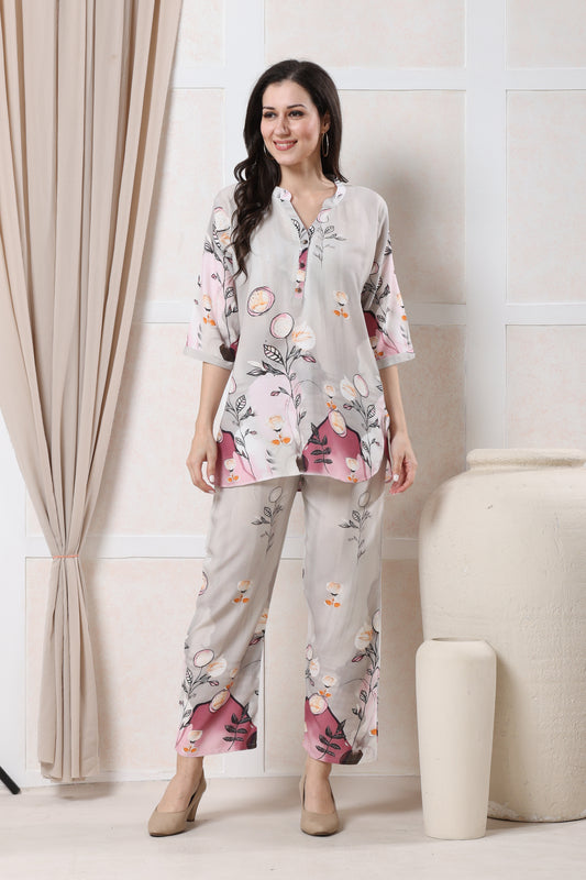 Light Grey with Pink & Peach Floral Print Rayon Co-ord Set