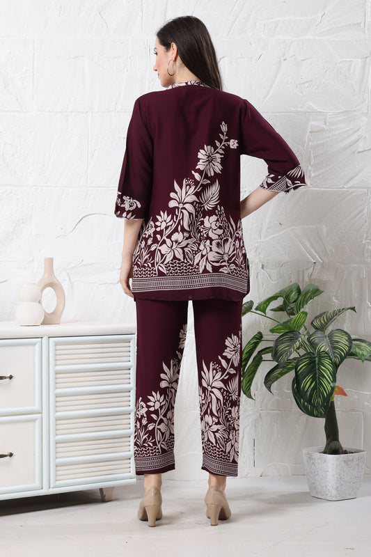 Maroon Floral Printed Rayon Co-ord Set