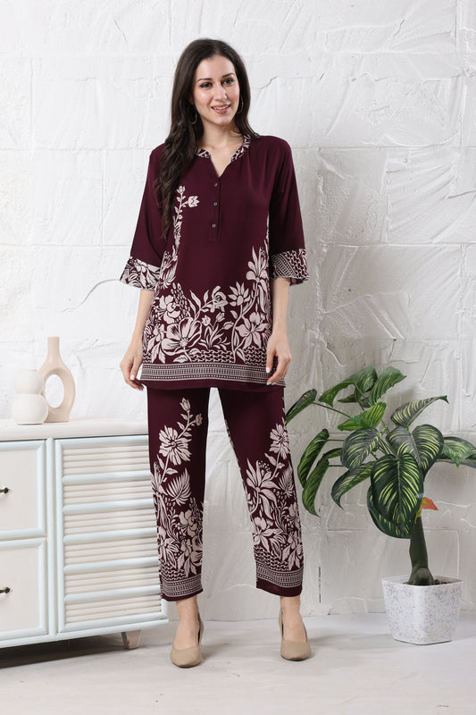 Maroon Floral Printed Rayon Co-ord Set