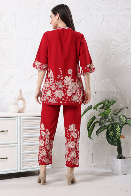 Red Floral Printed Rayon Co-ord Set