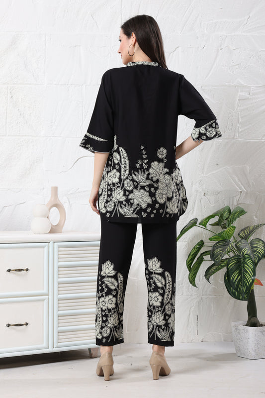 Black Floral Printed Rayon Co-ord Set