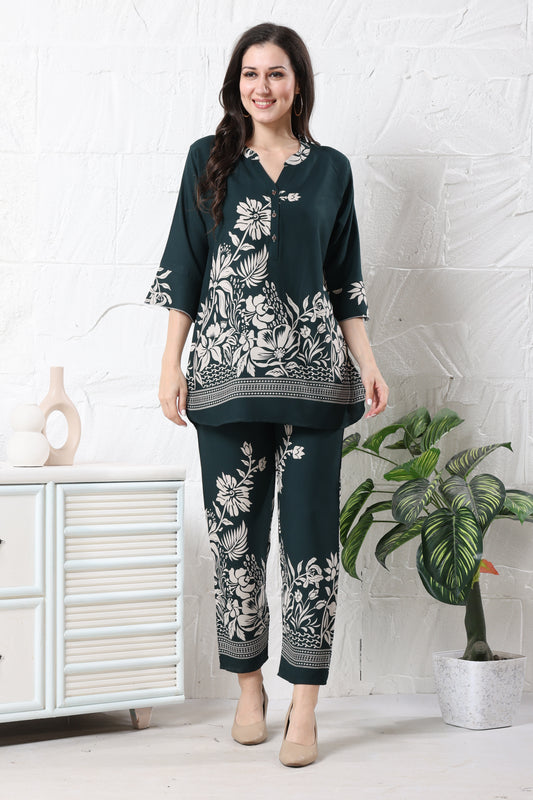 Deep Green Floral Printed Rayon Co-ord Set