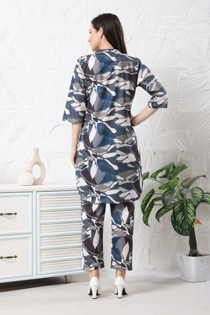 Blue Linen Long Pattern Co-ord Set