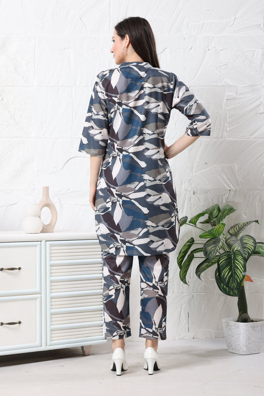 Blue Linen Long Pattern Co-ord Set