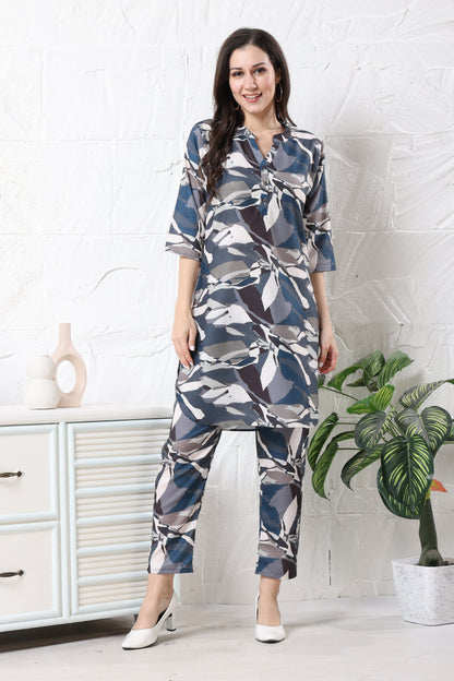 Blue Linen Long Pattern Co-ord Set