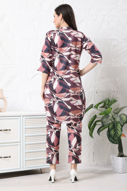 Pink & Maroon Linen Long Pattern Co-ord Set