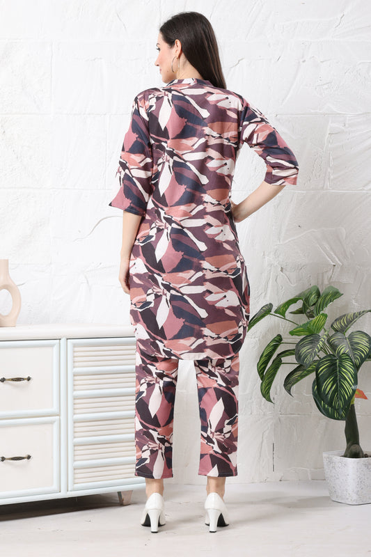 Pink & Maroon Linen Long Pattern Co-ord Set