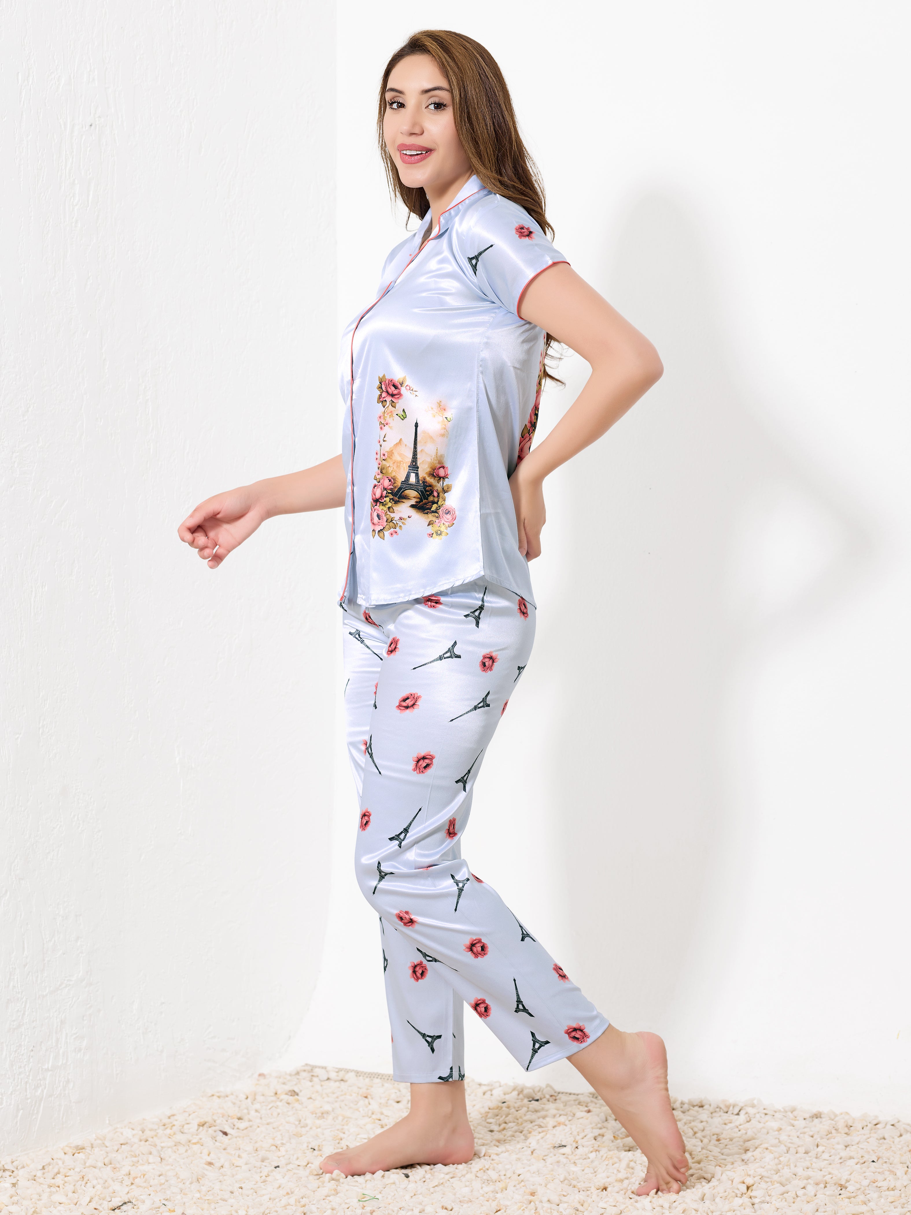 Lilac Satin 3pc Nightsuit - Priincezz Nightwear