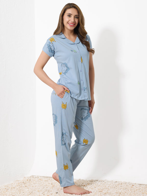 Light Blue Printed Night Suit - Priincezz Nightwear