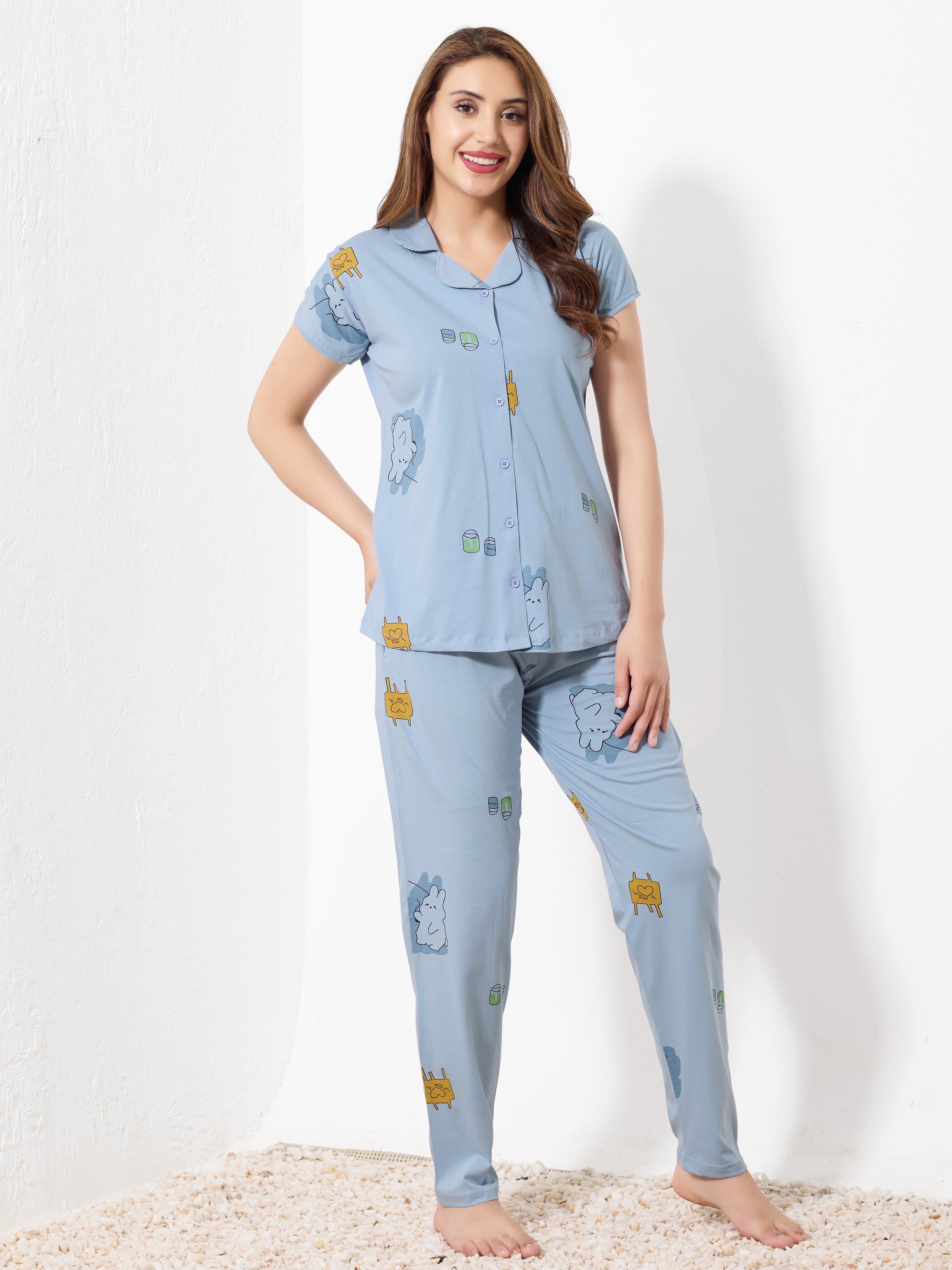Light Blue Printed Night Suit - Priincezz Nightwear