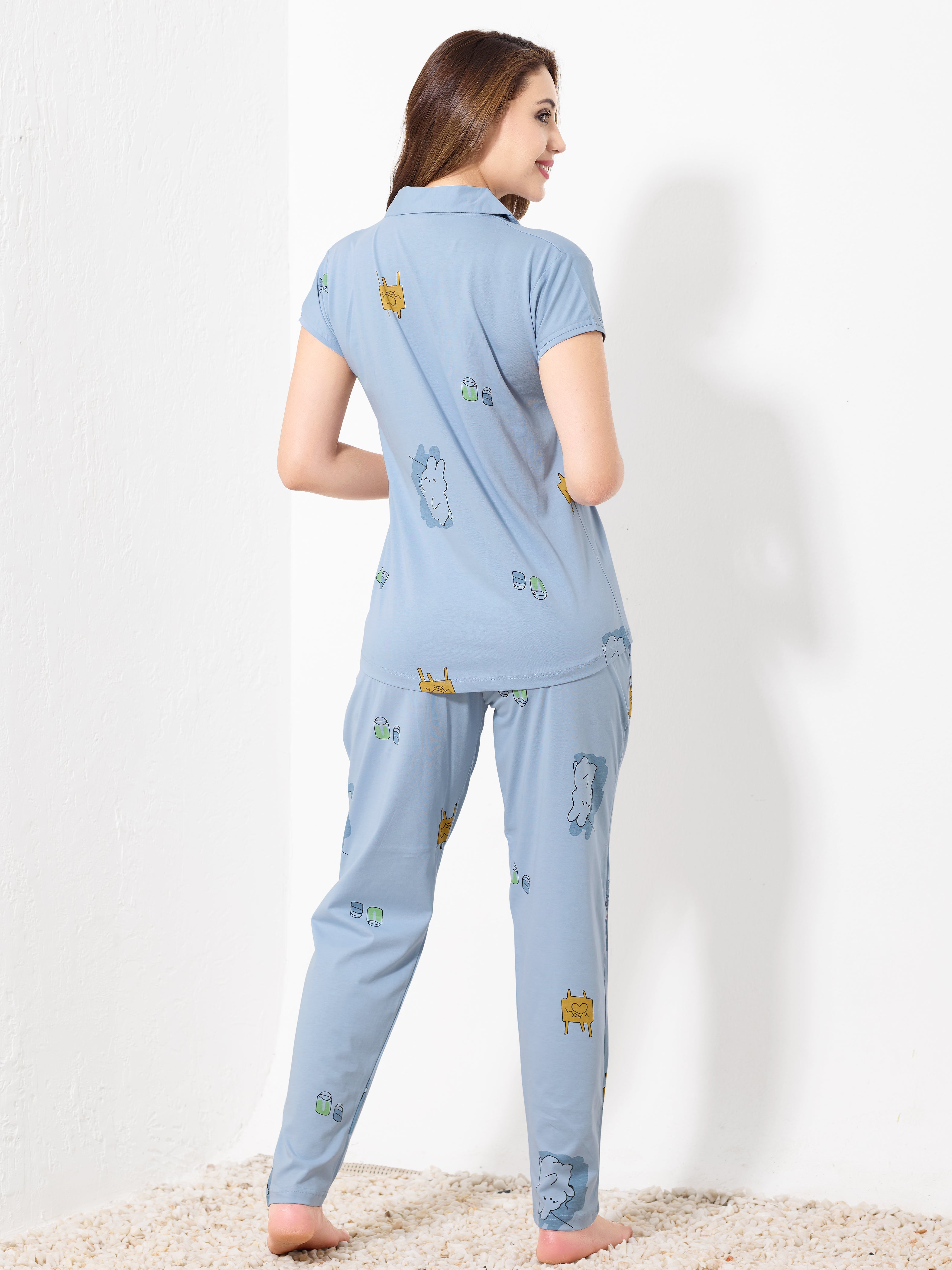 Light Blue Printed Night Suit - Priincezz Nightwear