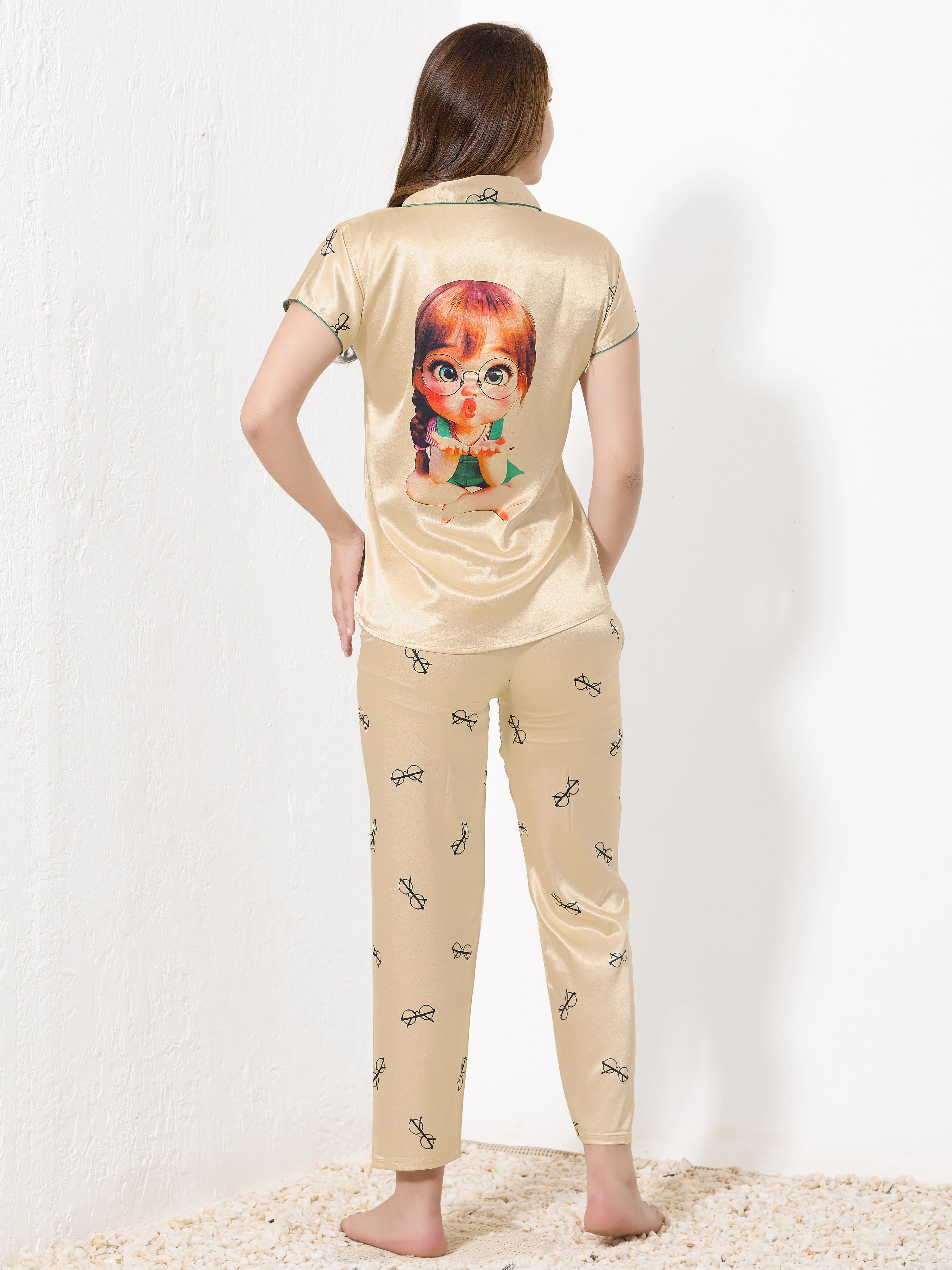 Light Golden Satin 3pc Nightsuit - Priincezz Nightwear