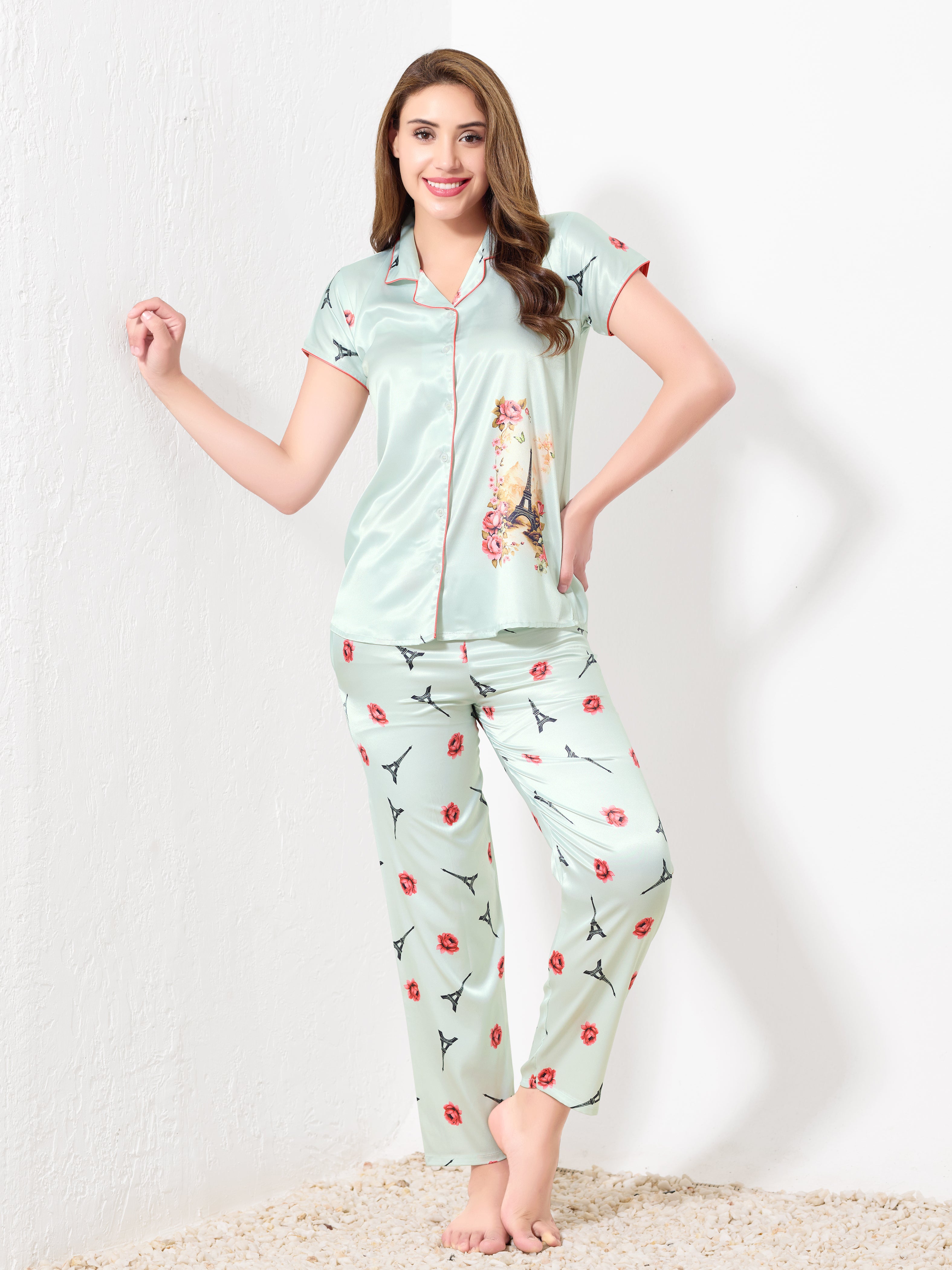 Light Mint Green 3pc Nightsuit - Priincezz Nightwear