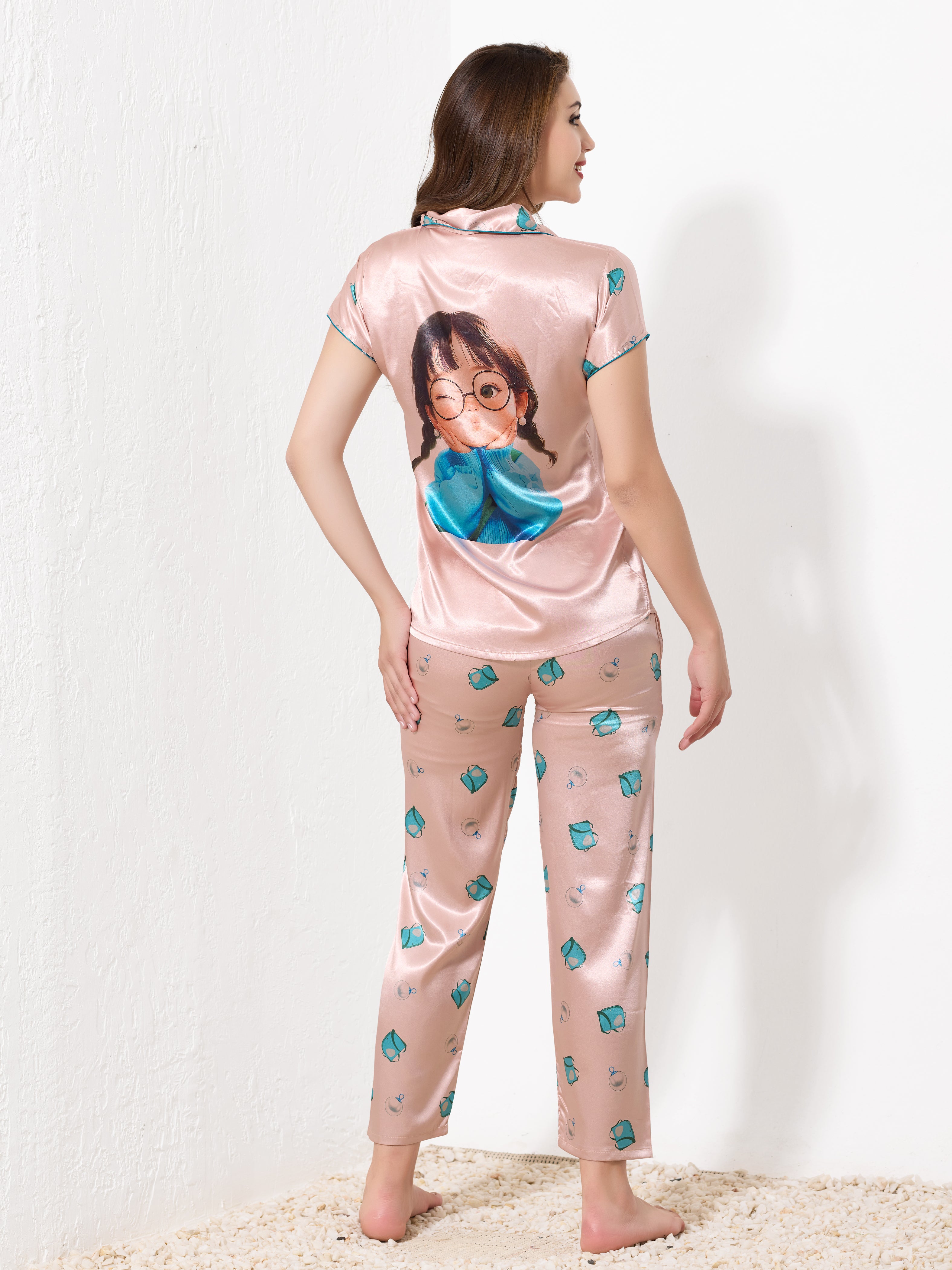 Rose Gold Satin 3pc Nightsuit - Priincezz Nightwear