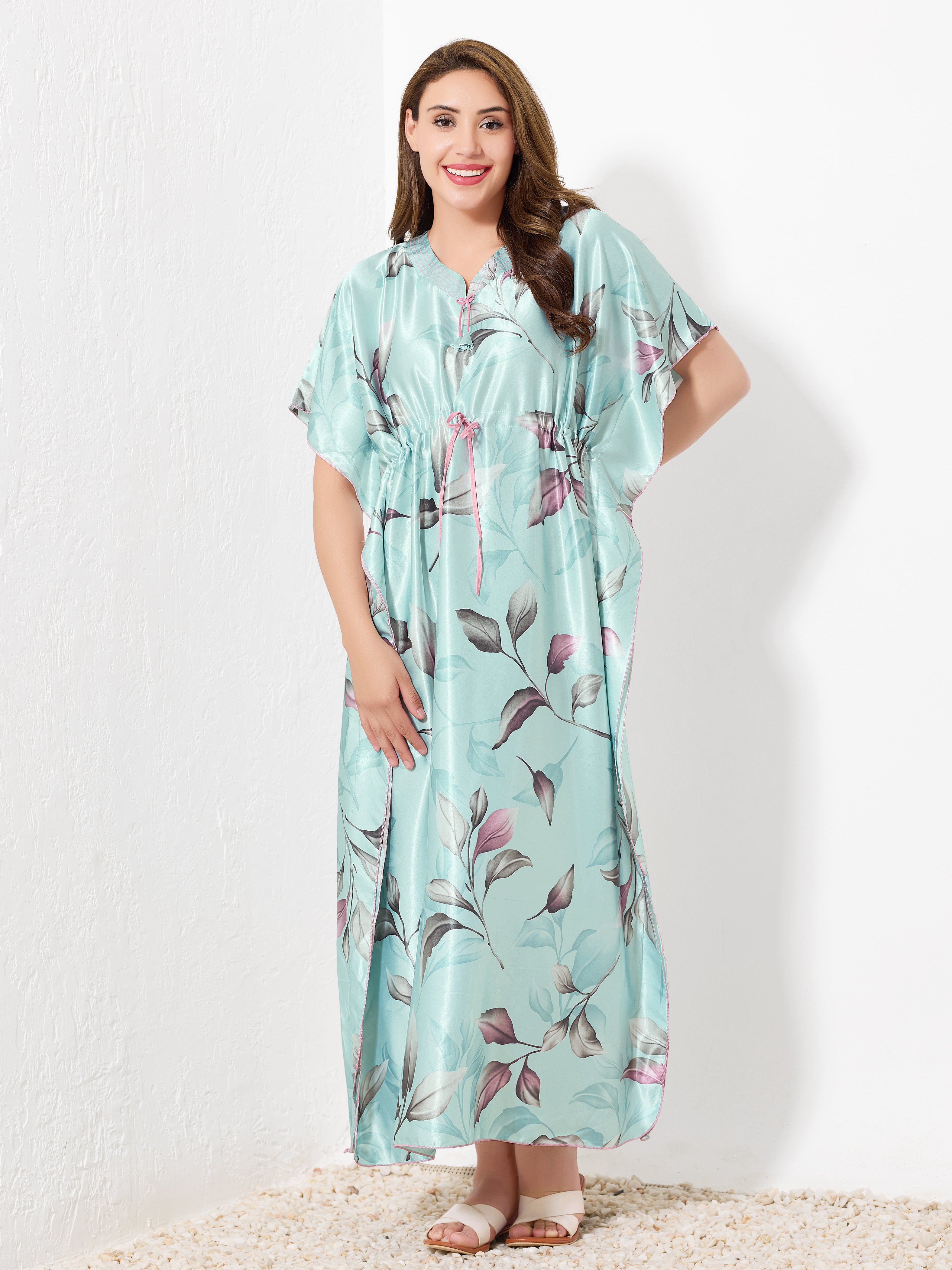 Mint with Pink Leaf Kaftan - Priincezz Nightwear