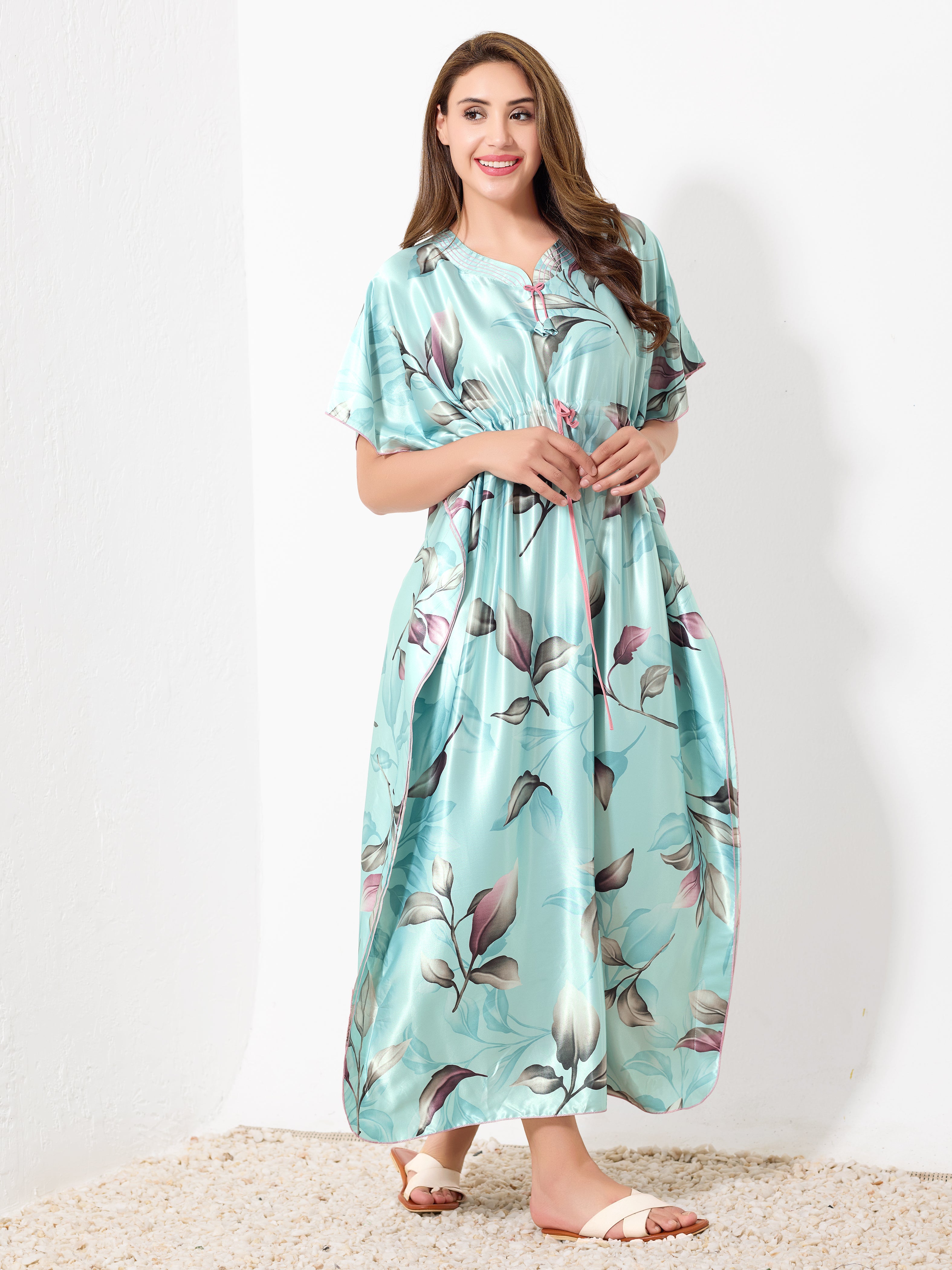 Mint with Pink Leaf Kaftan - Priincezz Nightwear
