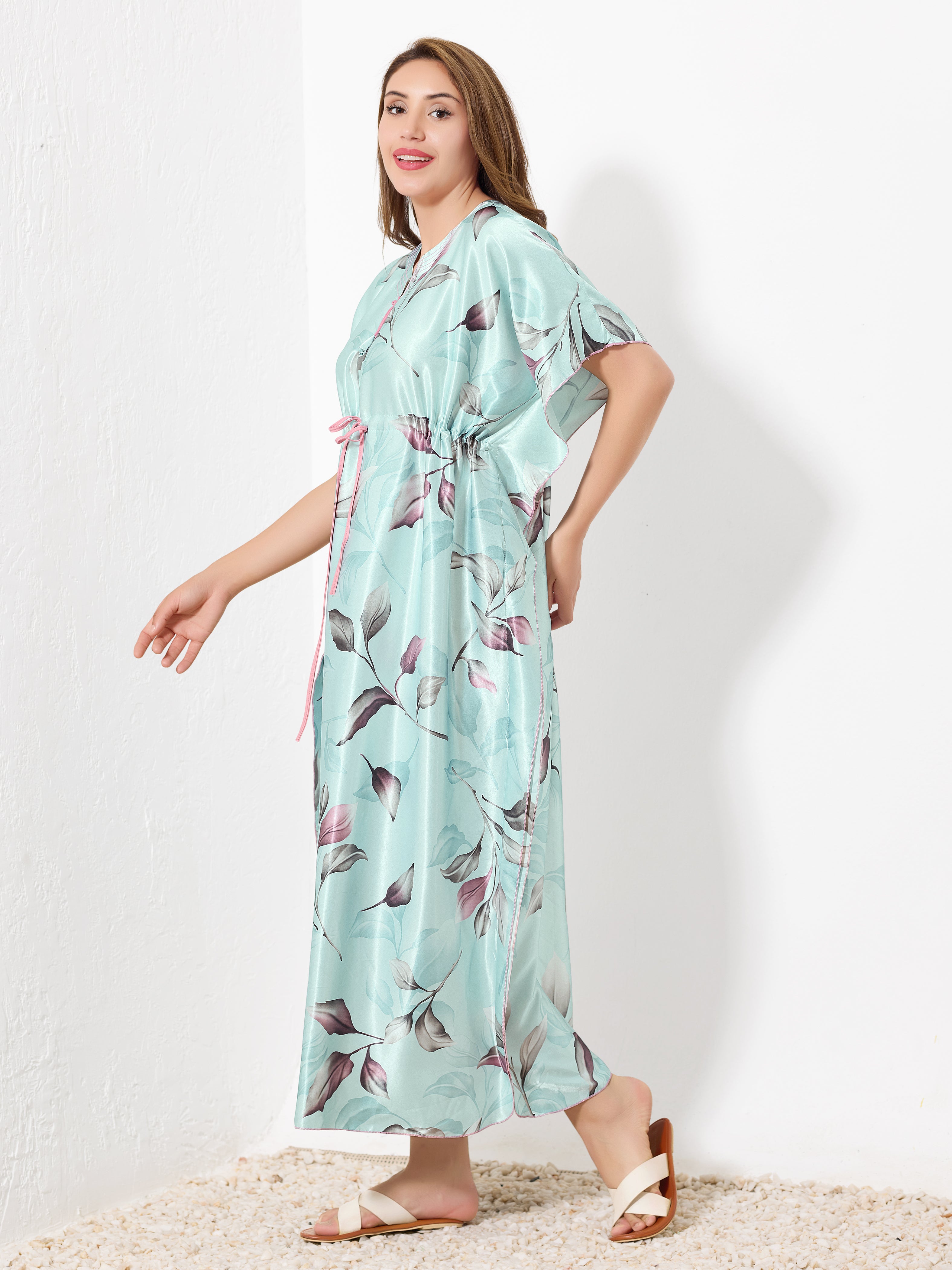Mint with Pink Leaf Kaftan - Priincezz Nightwear