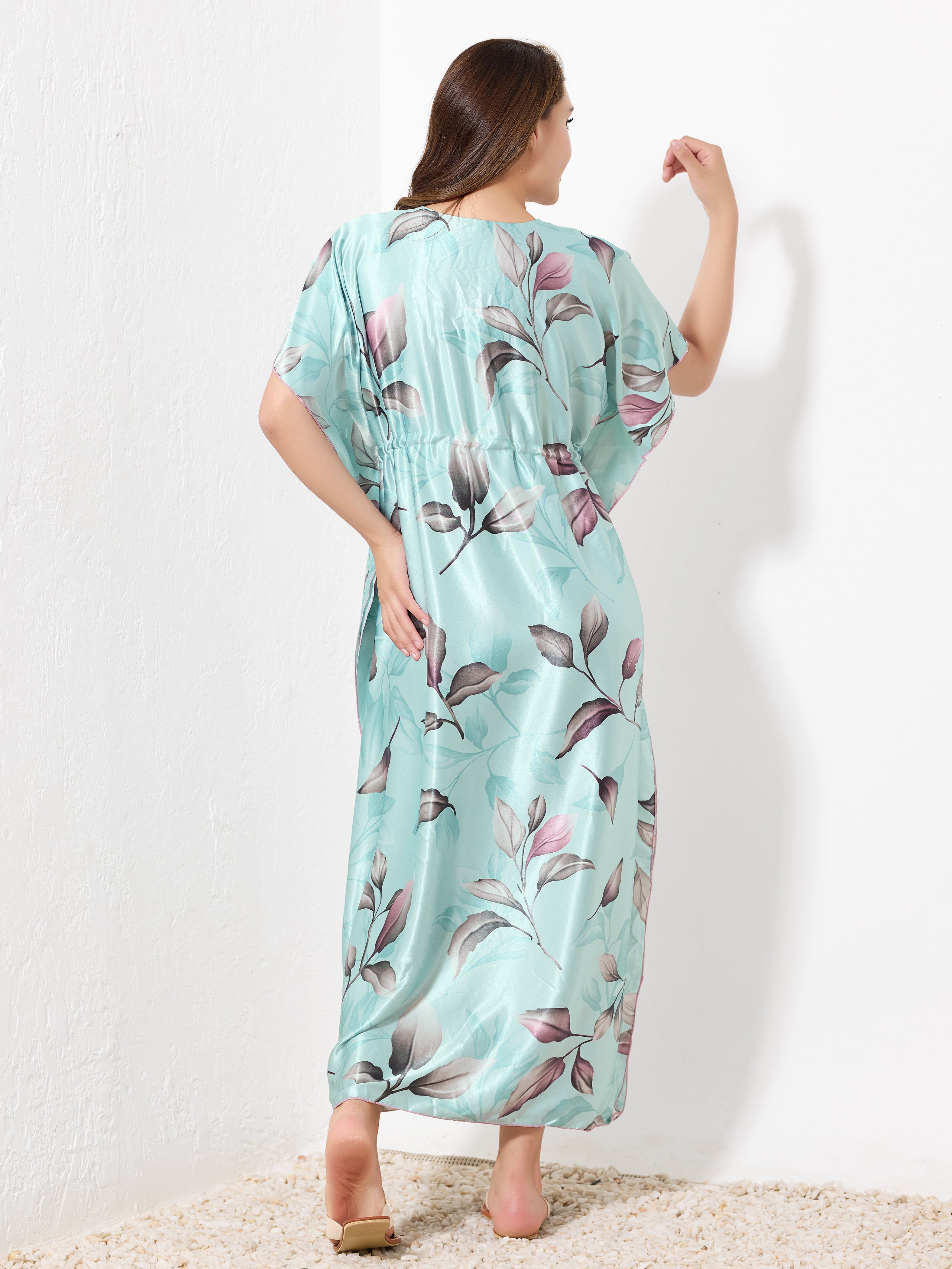 Mint with Pink Leaf Kaftan - Priincezz Nightwear