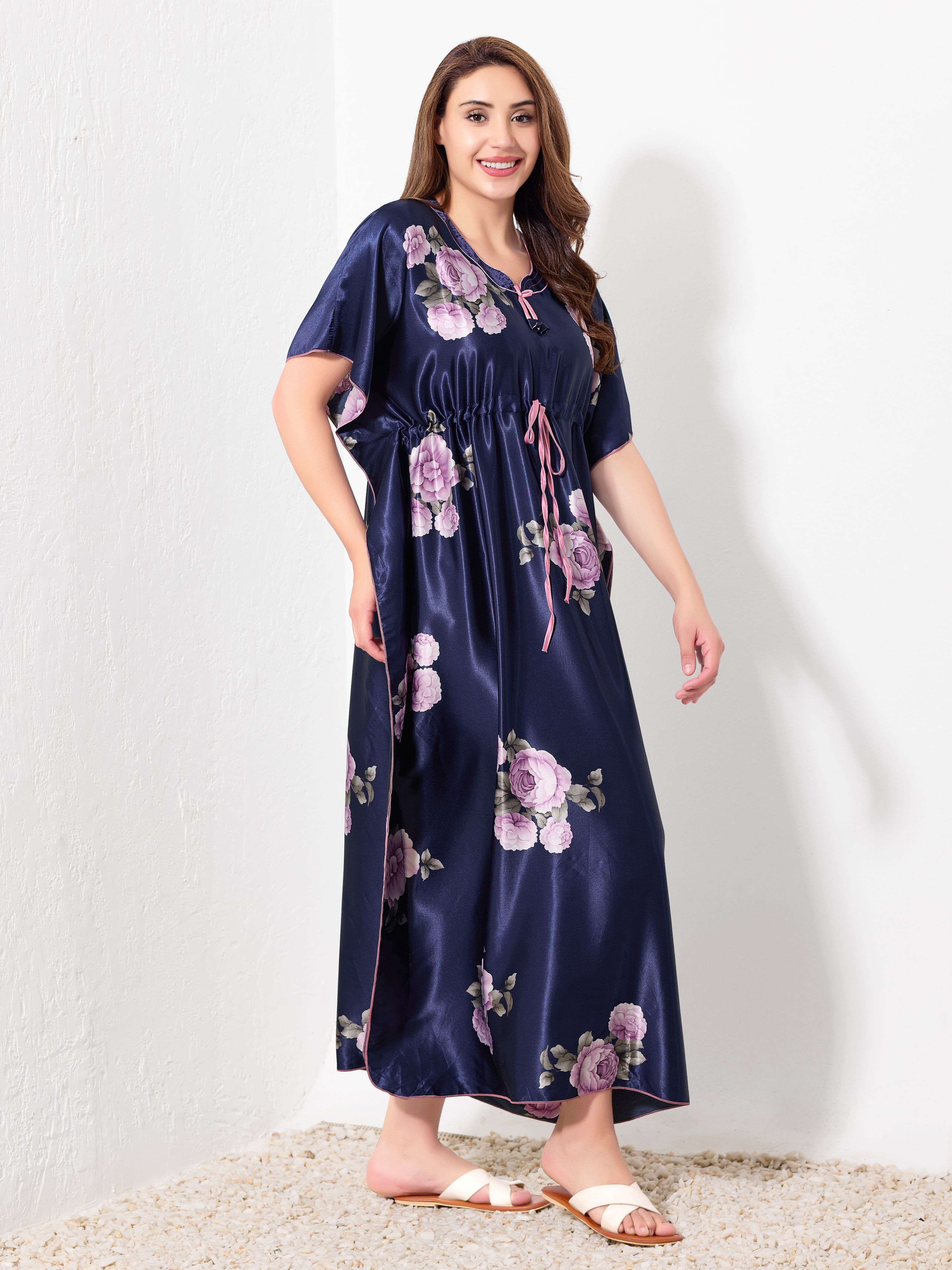 Navy with Purple Floral Kaftan - Priincezz Nightwear