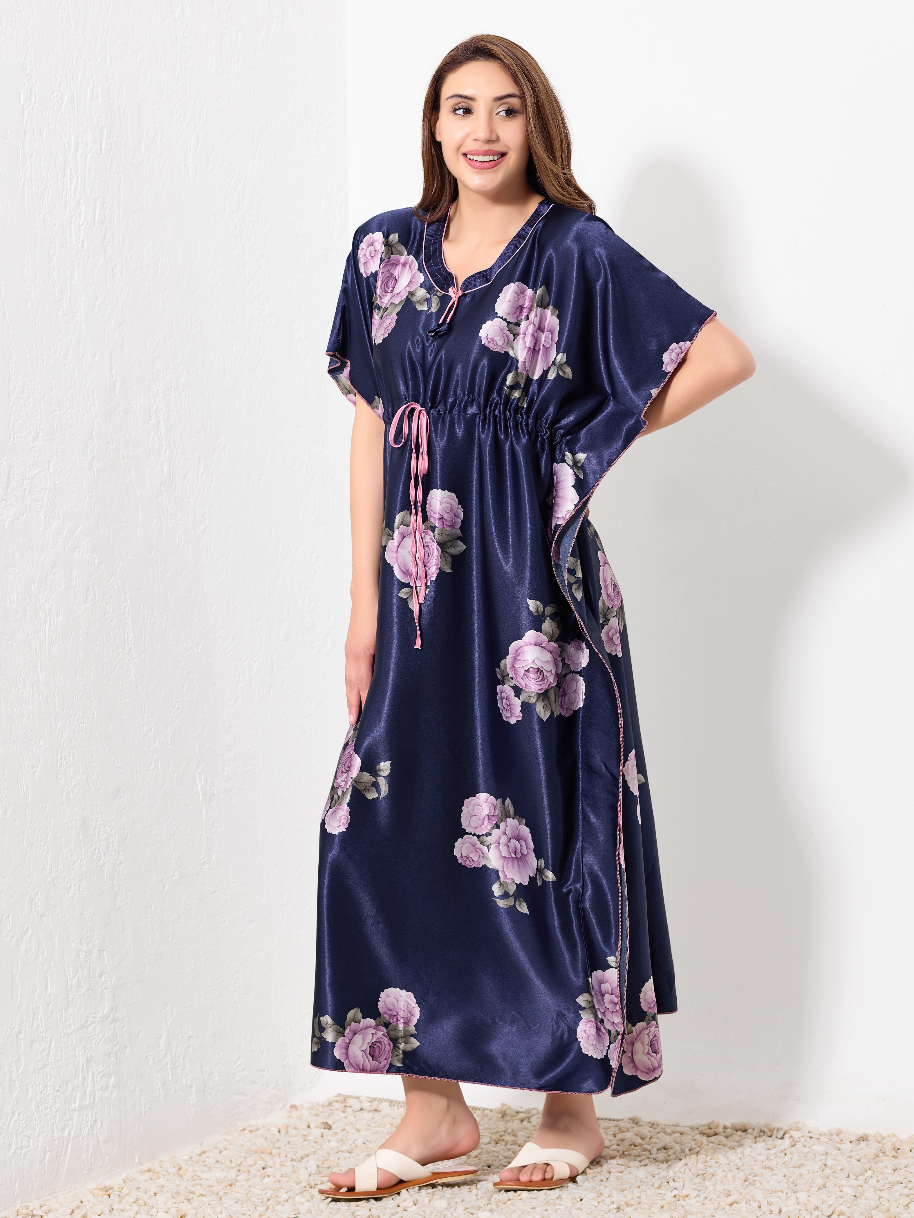 Navy with Purple Floral Kaftan - Priincezz Nightwear