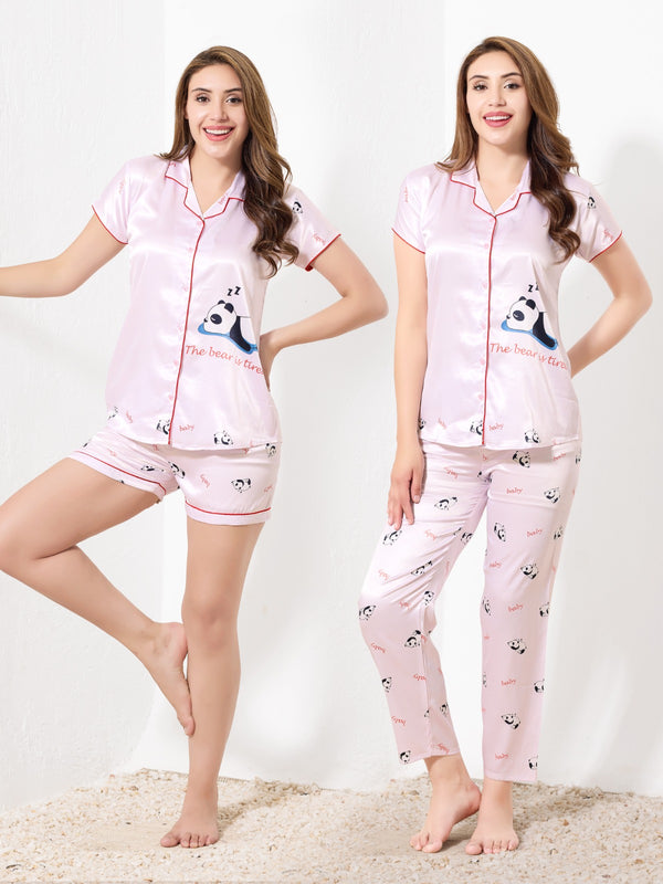 Soft Blush Pink Satin 3pc Nightsuit - Priincezz Nightwear