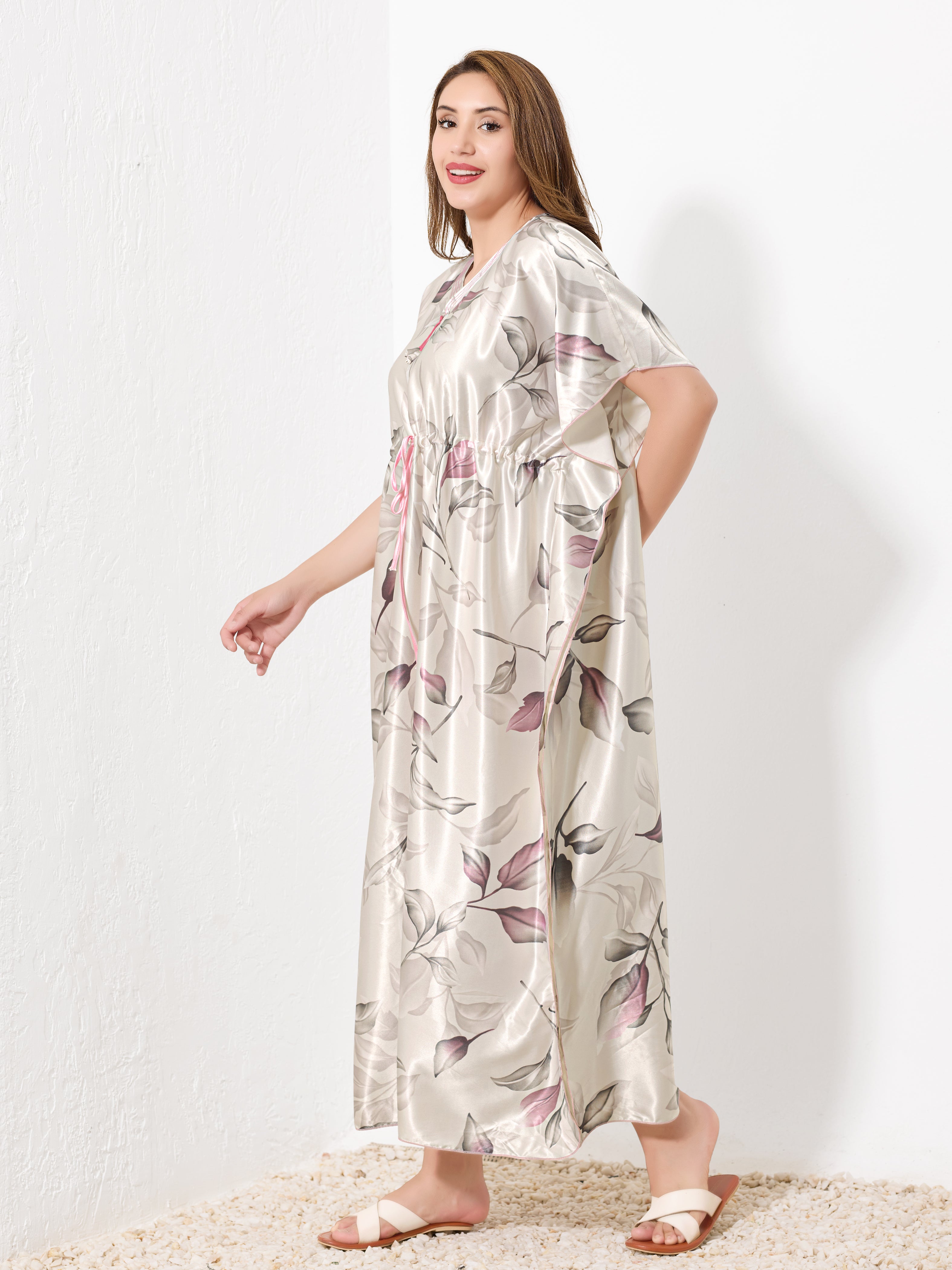Silver with Pink Leaf Kaftan - Priincezz Nightwear