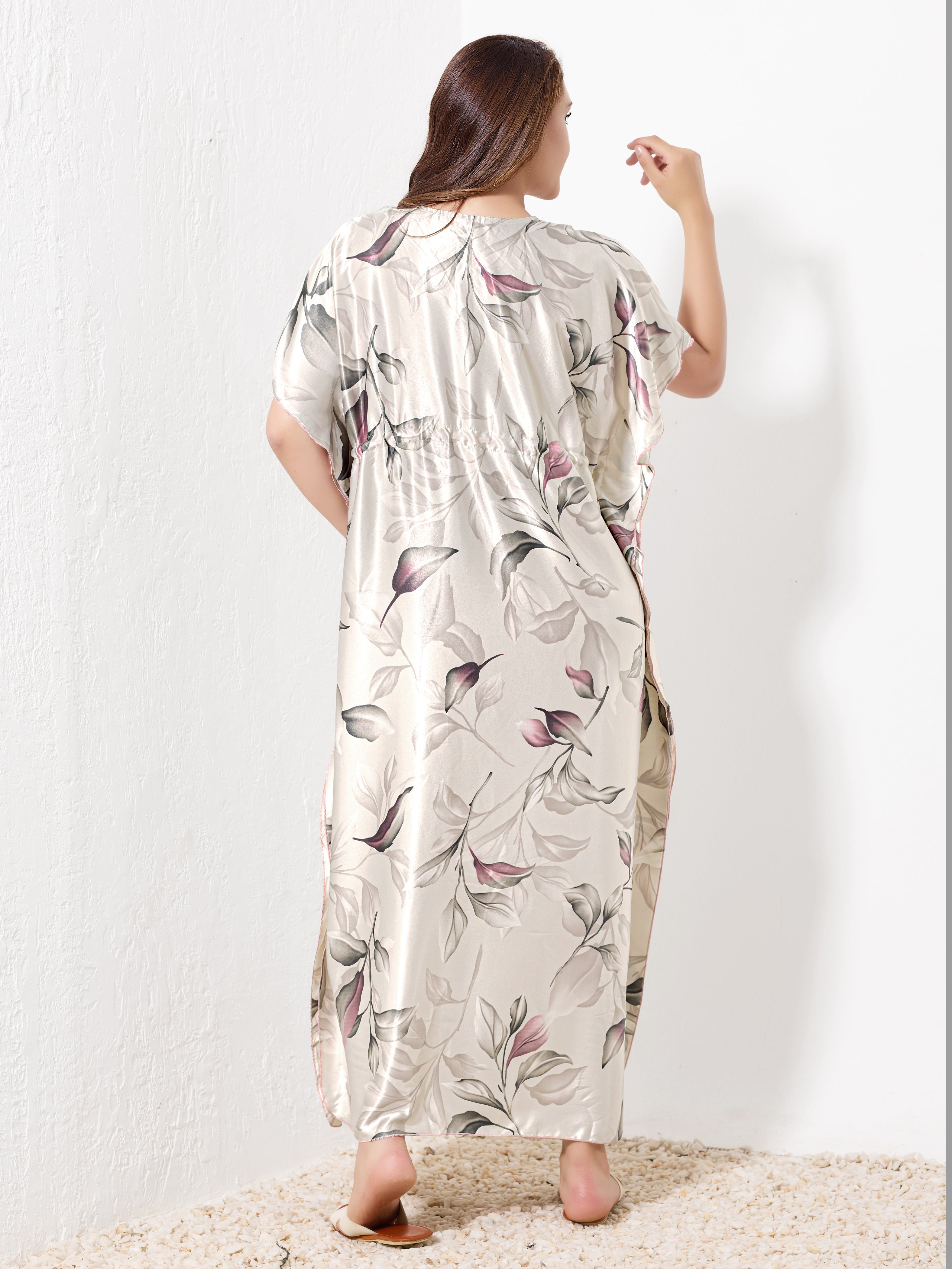 Silver with Pink Leaf Kaftan - Priincezz Nightwear
