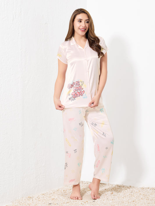 Misty Rose Satin 3pc Nightsuit