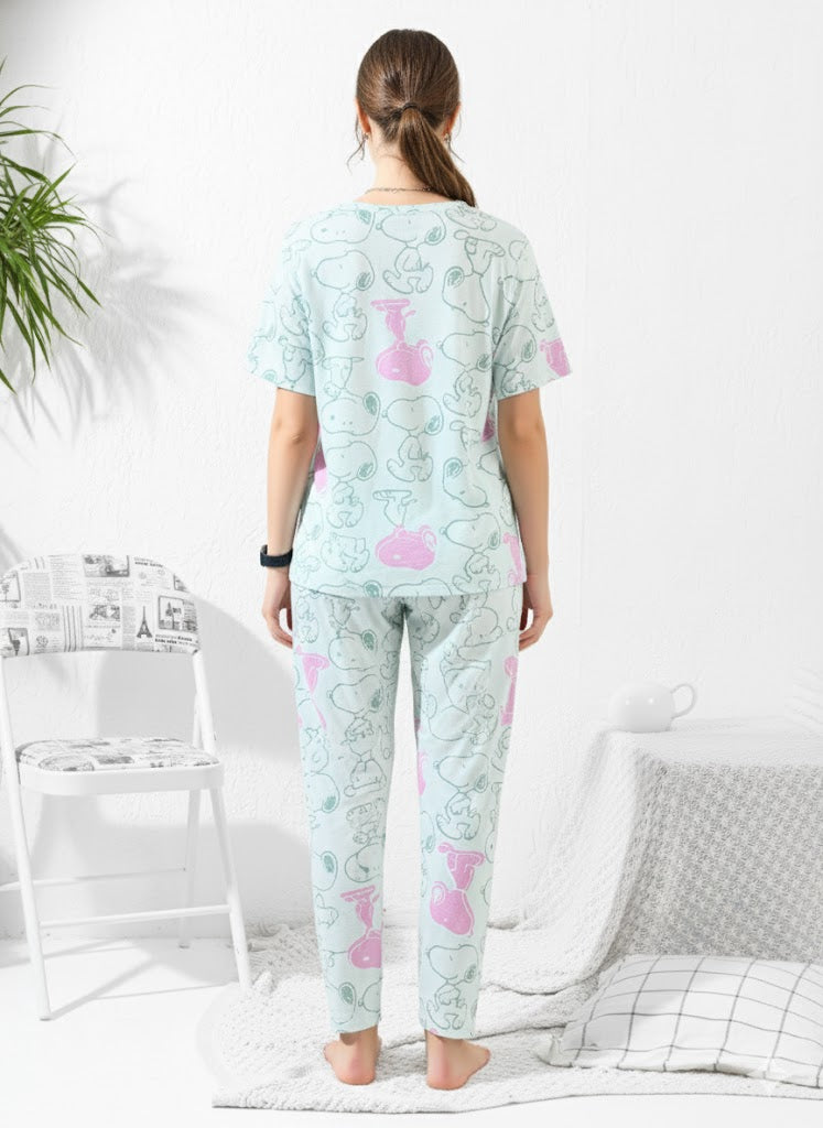Mint Green with Pink & Blue Snoopy Print Nightsuit - Priincezz Nightwear